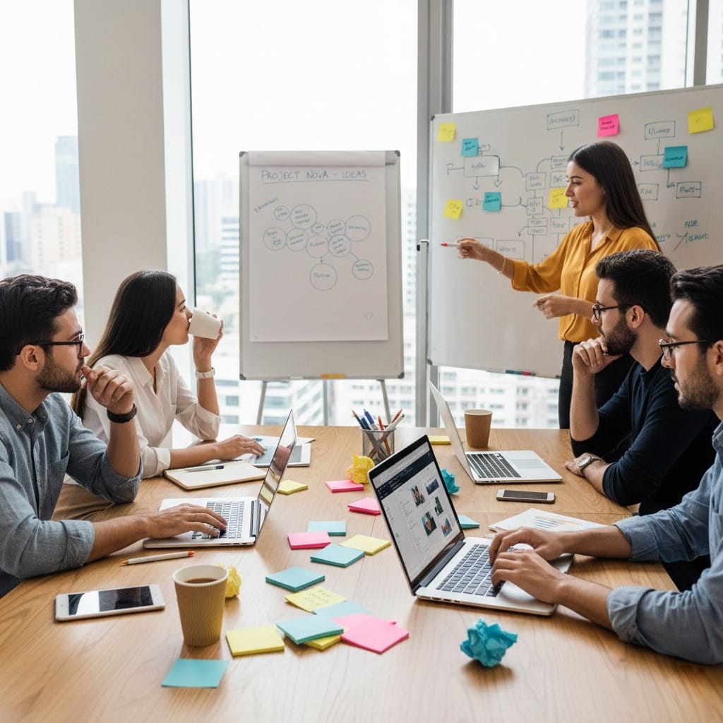 “High-quality photo of a young, creative team brainstorming at a digital marketing agency in Surat with laptops, charts, and colorful post-its on the table.”