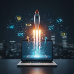 “Digital marketing agency in Surat launching smarter campaigns with a rocket blasting out of a laptop, showing SEO, ads, email, and social media icons for better ROI.”